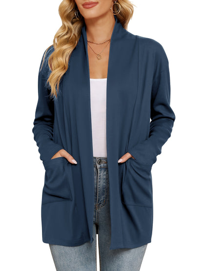 Spring & Autumn Women's Casual Solid Color Cardigan – Open Placket with Double Pocket Design