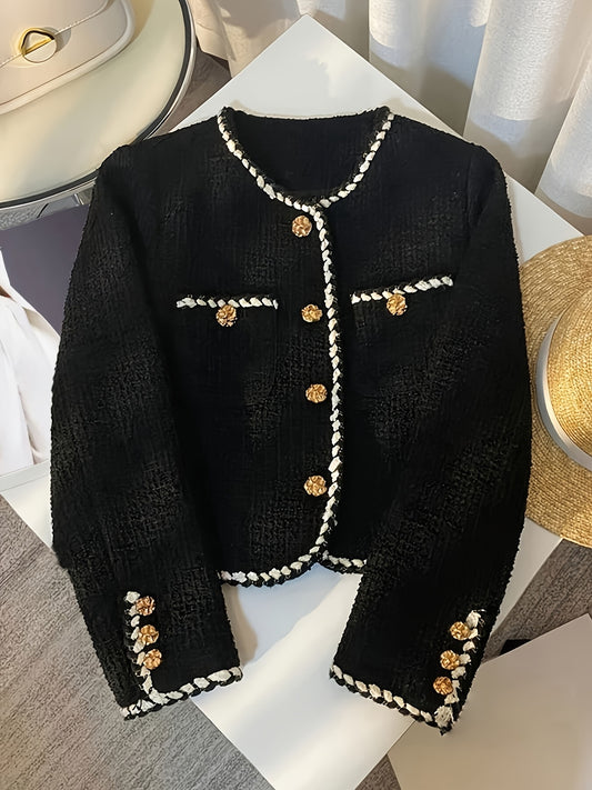 Women'S Tweed Jacket - Elegant Black Blazer-like Coat with Golden Buttons, Structured Office & Everyday Outerwear for Fall/Spring, Chic Work Party Jacket by SCACTO, Ladies Jacket, Casual Wear, Sophisticated Design, Textured F
