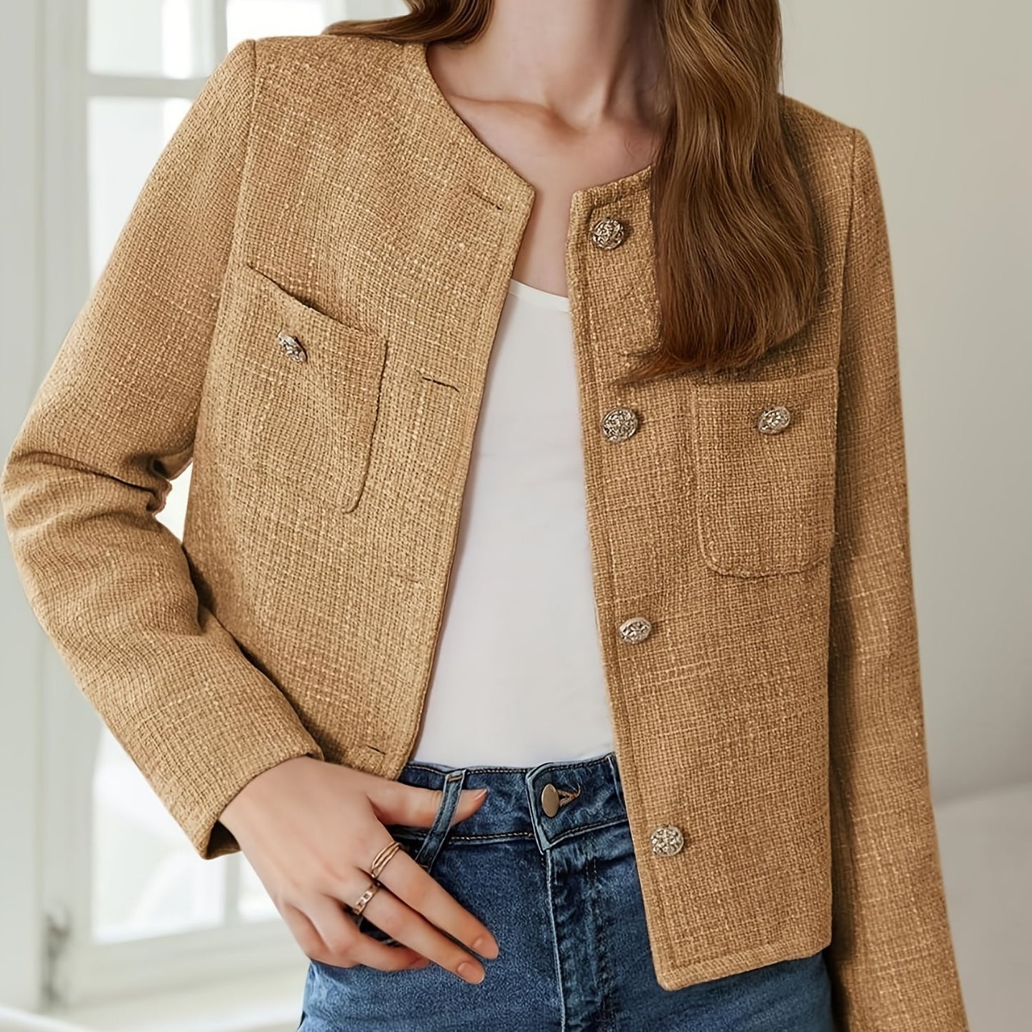 [Office Ready] Women's Elegant Purple Tweed Jacket - Long Sleeve Button Cropped Blazer with Pockets, Soft Polyester Fabric, Perfect for Fall/Winter Business Casual Style, Business Casual Wear | Buttonup Jacket | Textured Twee