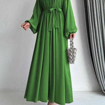 Solid Pleated Mock Neck Modest Dress, Elegant Lantern Sleeve Belted Ruffle Hem Maxi Dress, Women's Clothing