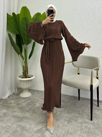 Solid Textured Belted Modest Dress, Elegant Flare Sleeve Simple Maxi Dress For Spring & Fall, Women's Clothing