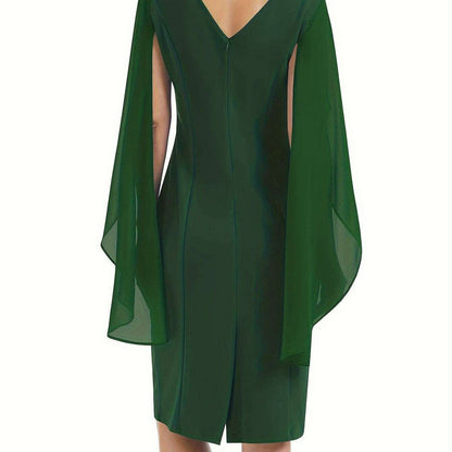 Elegant Midi Bodycon Dress with Cape Sleeves and Slit Hem - D&M Boutique
