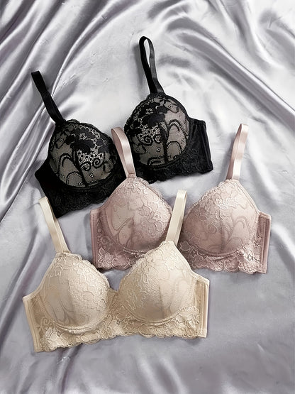 3pcs Solid Lace Underwire Bra, Sexy Comfy Push Up Breathable Bra, Women'S Lingerie & Underwear