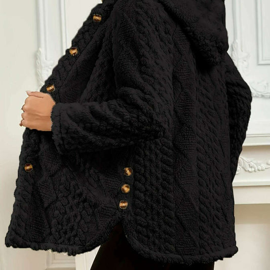 Women's Cozy Hooded Cable-Knit Coat with Button Accents - D&M Boutique