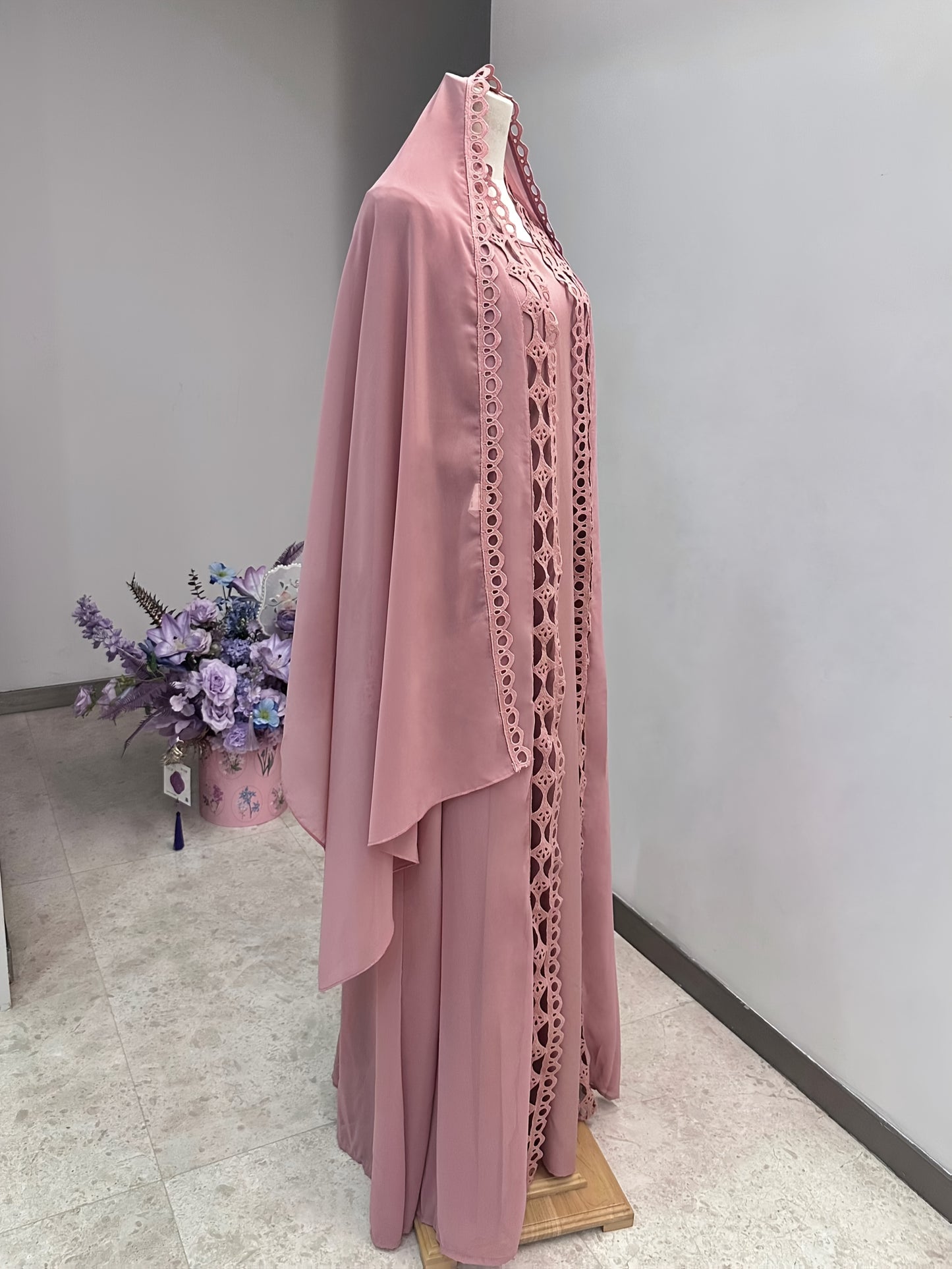 Middle Eastern Muslim Fashion Long Sleeve Embroidered Contrast Lace Patchwork Abaya Dress and Hijab Three-Piece Set