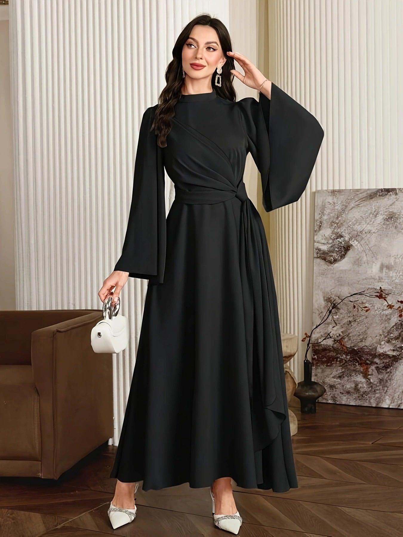 [Muslin Ramadan Dress] Ramadan Women's Evening Dress, Muslin Arabic Gown with Long Flared Sleeves, Stand Collar, Side Embellishments