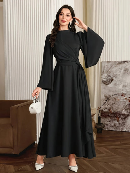 [Muslin Ramadan Dress] Ramadan Women's Evening Dress, Muslin Arabic Gown with Long Flared Sleeves, Stand Collar, Side Embellishments