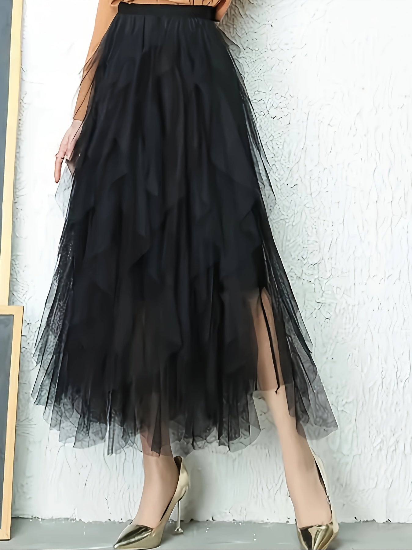 Chic Elegance, Elegant High-Waist A-Line Tulle Skirt for Women - Chic Korean-Style Spring Collection, Sheer Brown Polyester with Delicate Mesh Layers, Perfect for Summer Skirt