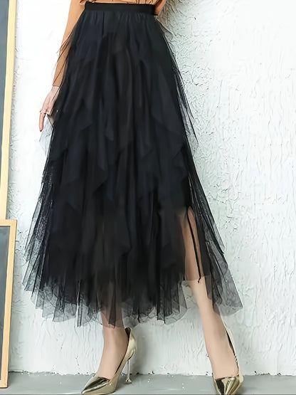 Chic Elegance, Elegant High-Waist A-Line Tulle Skirt for Women - Chic Korean-Style Spring Collection, Sheer Brown Polyester with Delicate Mesh Layers, Perfect for Summer Skirt