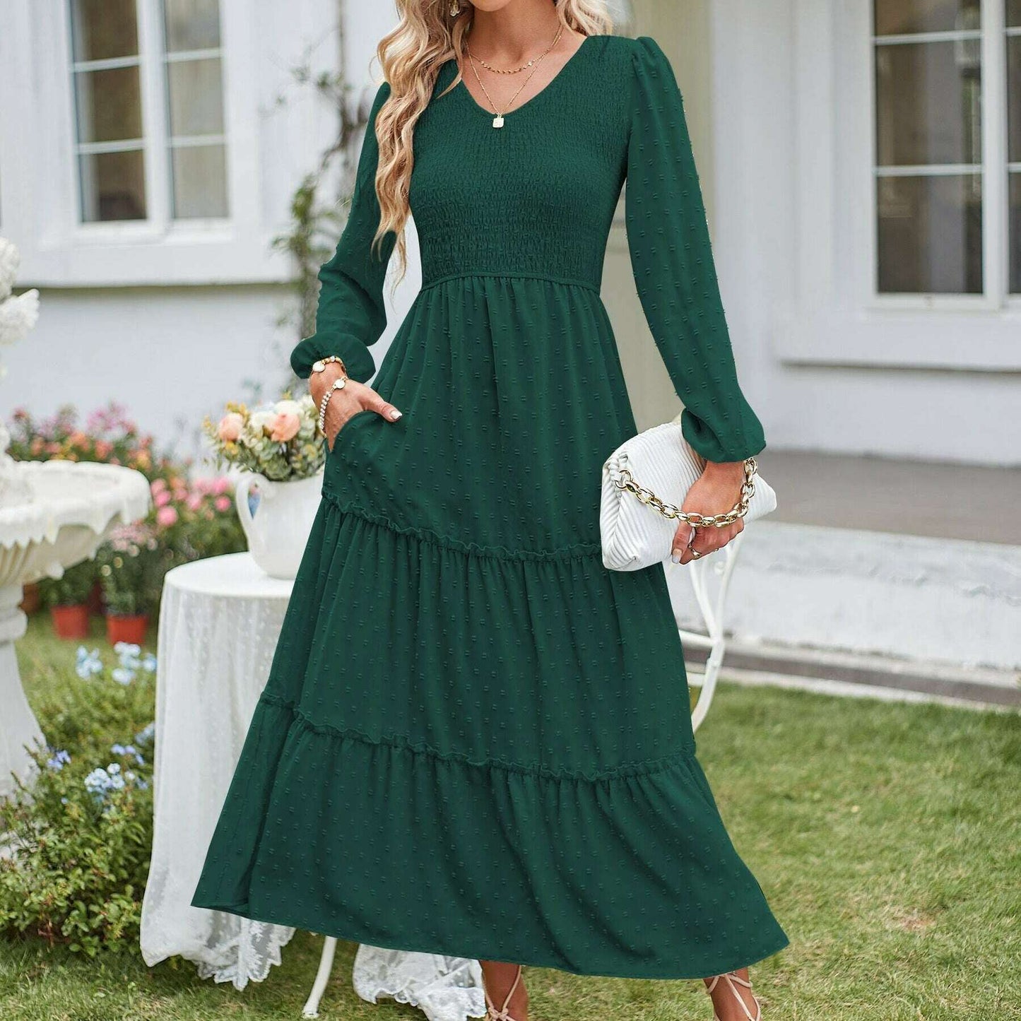 Women's Long Sleeve Swiss Dot V-Neck Maxi Dress with Pockets - D&M Boutique 