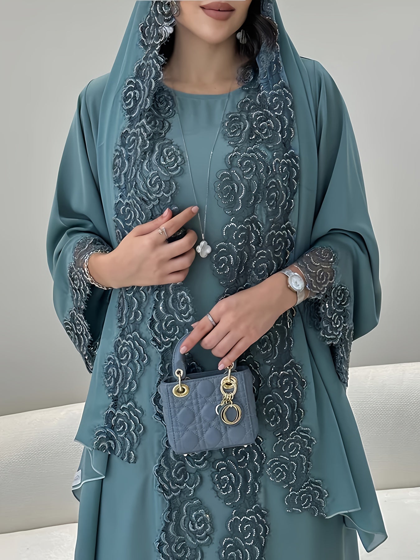 Women's 3pcs Islamic Abaya Muslim Modest Outfit Set - Long Sleeve Elegant Maxi Dress with Lace Hem & Head Veil, Loose-Fit H-Line Silhouette, Machine Washable All-Season Traditional Muslim Clothing for Prayer, Casual Attire &