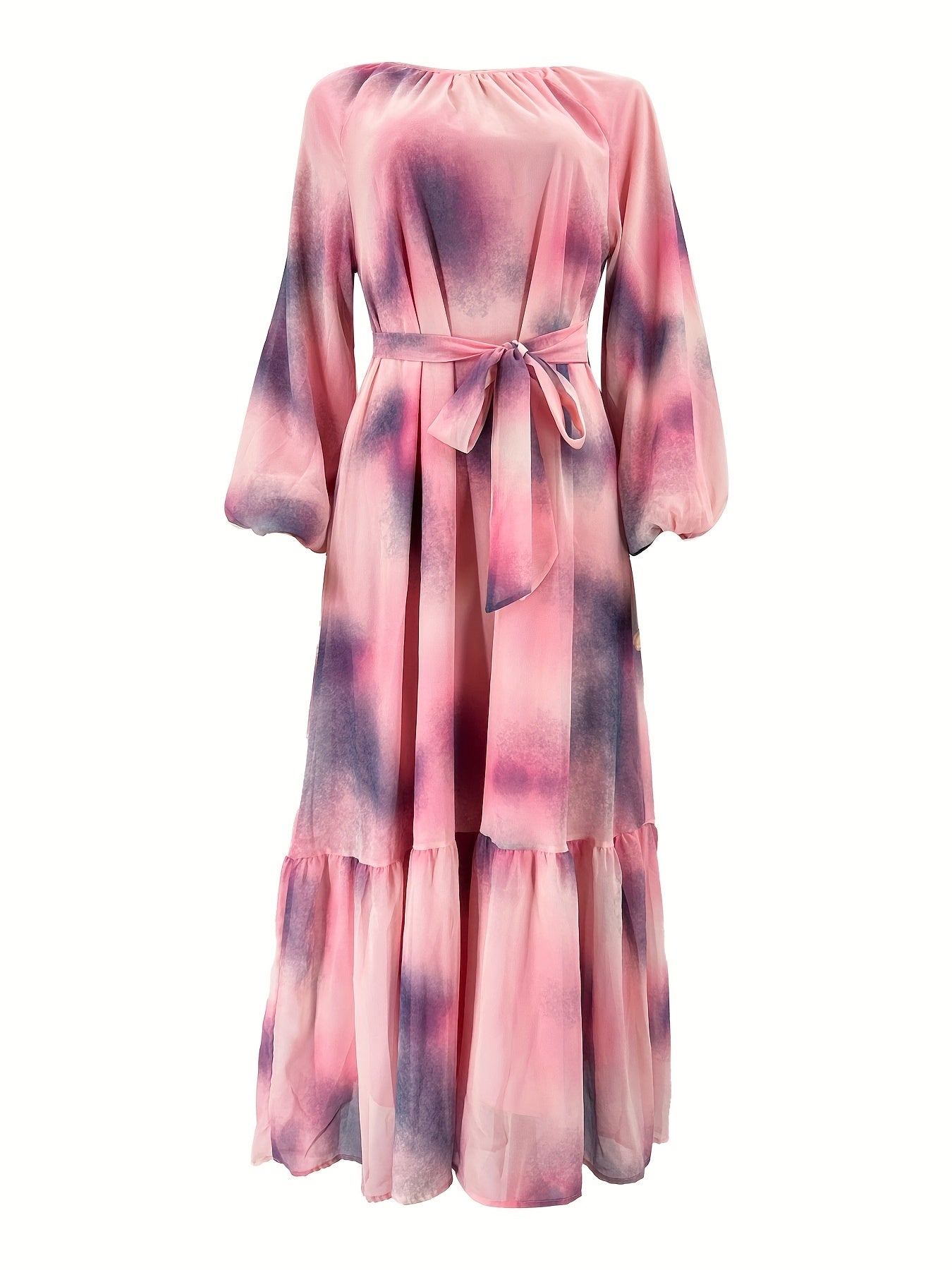 Elegant Long Dress with a Round Neck, Tie-Dye Design, And Waist Belt, Perfect for Casual Gatherings And Vacations in The Middle East for Muslim Women (Headscarf Not Included).