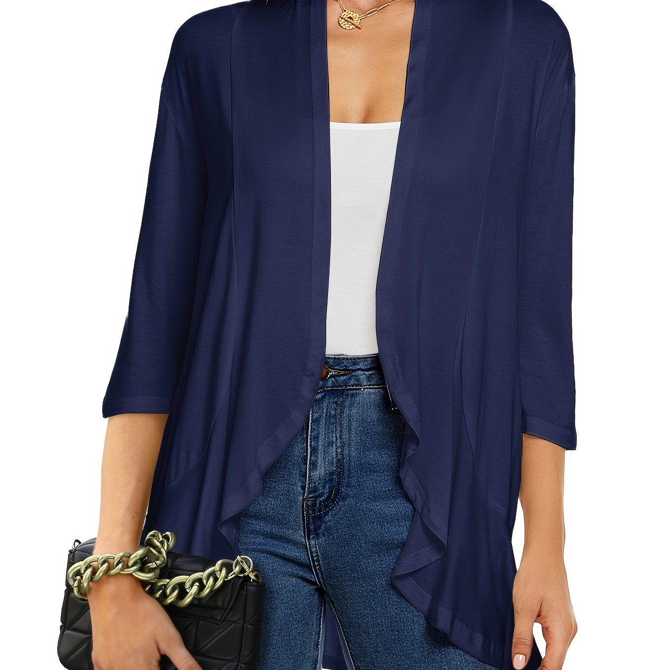 [Lightweight Ruffled Cardigan] Lightweight Women's Light Pink Ruffled Cardigan | Casual Open Front Sweater with Asymmetrical Hem, Long Sleeves, and Button Details for Fall & Winter