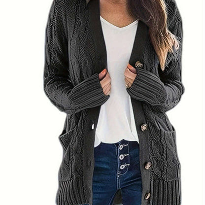 V-Neck Long Sleeve Knitted Cardigan with Pockets