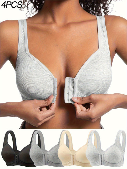 4pcs Women'S Elegant Seamless Push-Up Bras- Front Closure, Breathable Nylon, Non-Padded Comfort Fit, Beige& Black for Casual Attire& Casual Outfits, Wirefree Bras, Sleek Bra Design, Smooth Texture Finish