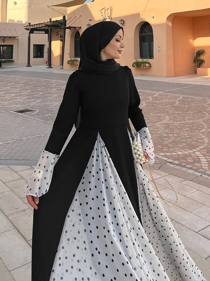 [Elegant, Women's Long Dress] Long Sleeve Women's Elegant Middle Eastern-Inspired Polka Dot & Color-Block Dress | Machine Washable, All-Season, Versatile for Casual, Party, Vacation | Modest Traditional Attire, Chiffon Fabric