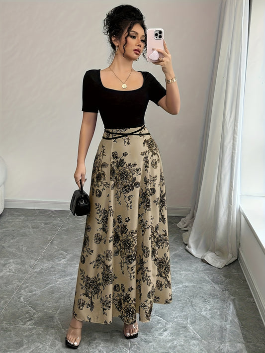 Retro Square Neck Short Sleeved Printed High Waisted And Stylish Elegant Dress