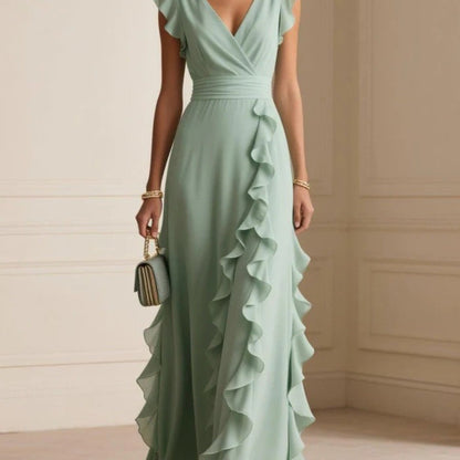 Women'S Elegant V-Neck Formal & Casual Dress - Flattering Fit Long Evening Gown, All-Season Party, Wedding, Office, Beach Outfit - Chic Formal Attire for Women, Dresses for Wedding Guest, Office Wear, Flowy Fabric, Comfortabl