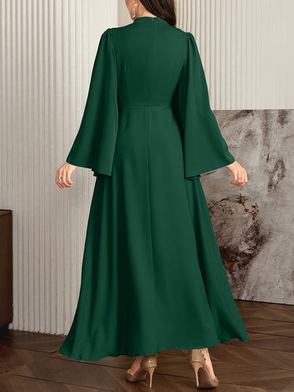 [Muslin Ramadan Dress] Ramadan Women's Evening Dress, Muslin Arabic Gown with Long Flared Sleeves, Stand Collar, Side Embellishments