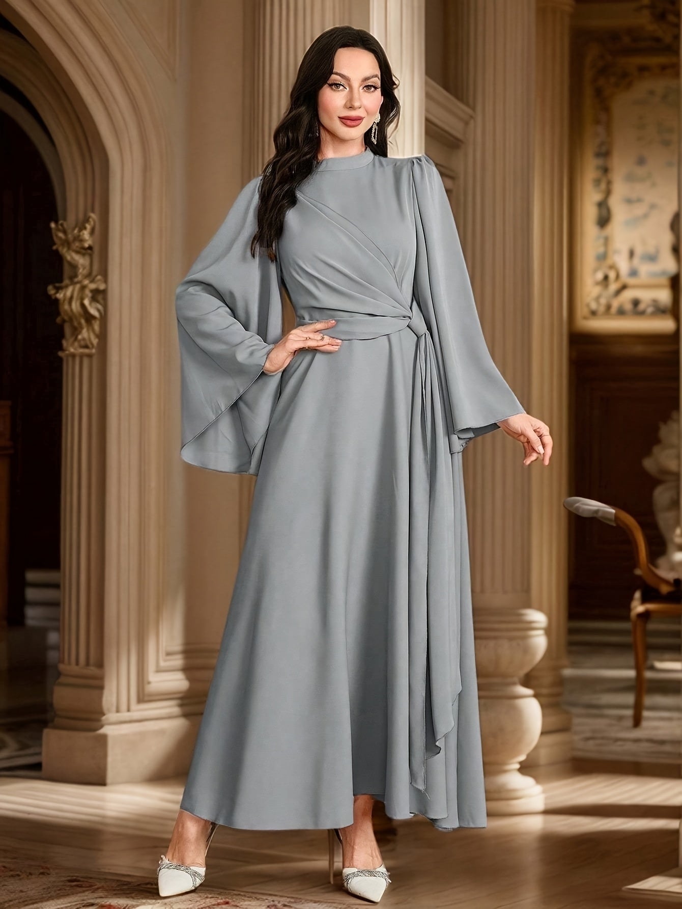 [Muslin Ramadan Dress] Ramadan Women's Evening Dress, Muslin Arabic Gown with Long Flared Sleeves, Stand Collar, Side Embellishments