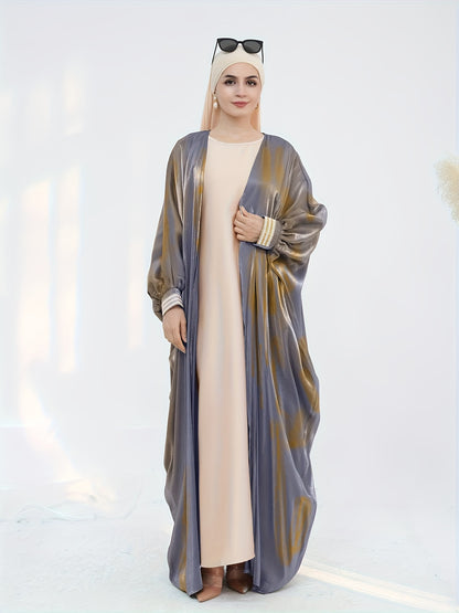 Women'S Reflective Golden & Gray Batwing Sleeve Long Tunic - Long Sleeve, Flowing Design, Perfect for Spring/Summer, Stylish Layering Piece, Summer Fashion | Flowing Tunic | Glossy Finish