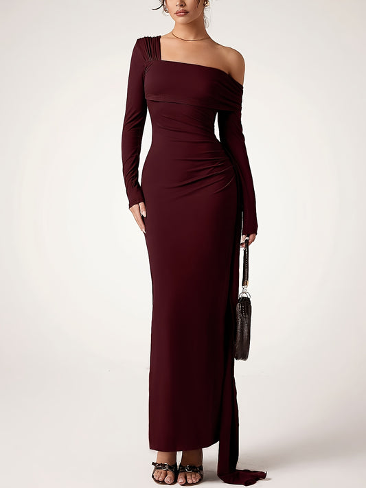 Elegant Off-Shoulder Maroon Maxi Dress for Women - Long Sleeve, Ruched Design, Perfect for Formal Events, Adult Fashion, Formal Evening Wear|Ruched Texture|Polyester Fabric