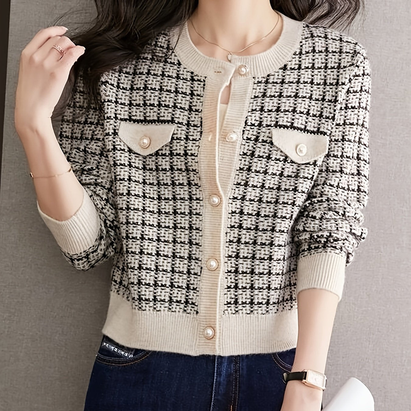 [Classic Plaid Cardigan] Classic Knitwear Women's Short Plaid Cardigan | Loose Fit Long Sleeve Open Front Sweater in Black/White/Beige/Brown | Machine Washable Round Neck Casual Chic Top for Spring & Fall | Autumn Apparel, Co