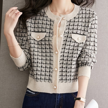 [Classic Plaid Cardigan] Classic Knitwear Women's Short Plaid Cardigan | Loose Fit Long Sleeve Open Front Sweater in Black/White/Beige/Brown | Machine Washable Round Neck Casual Chic Top for Spring & Fall | Autumn Apparel, Co