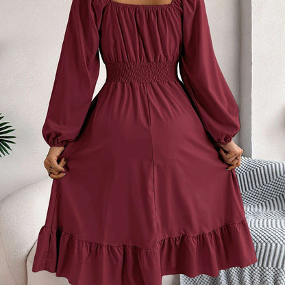 Ruffle Hem Lantern Sleeve A-line Dress, Elegant Solid Color Square Neck Backless Shirred Dress, Women's Clothing