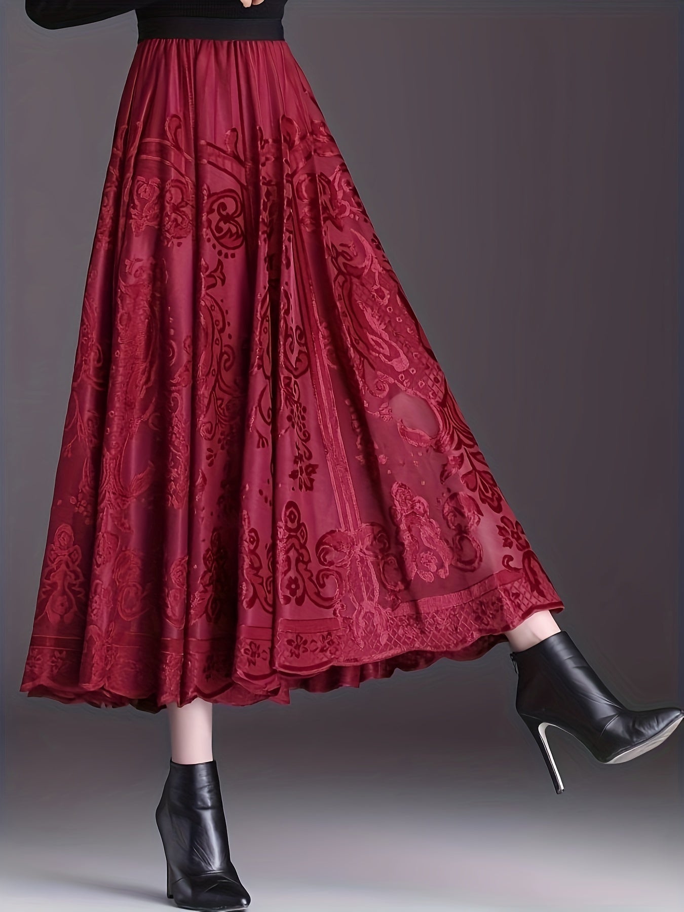[Elegant Floral Lace Skirt] High-Waist A-Line Midi Skirt - Elegant Floral Lace, 100% Polyester Knit Fabric, Contrast Lace Detail - Women's, Spring/Fall Season