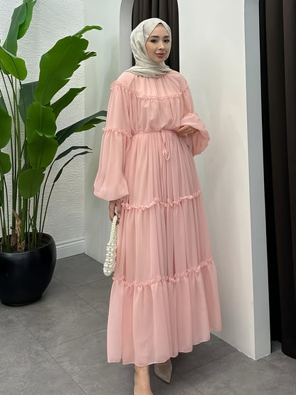 Women's Casual Fashionable Date Vacation Middle Eastern Muslim Minimalist Solid Color Soft Lace Design Long Elegant Dress with Belt