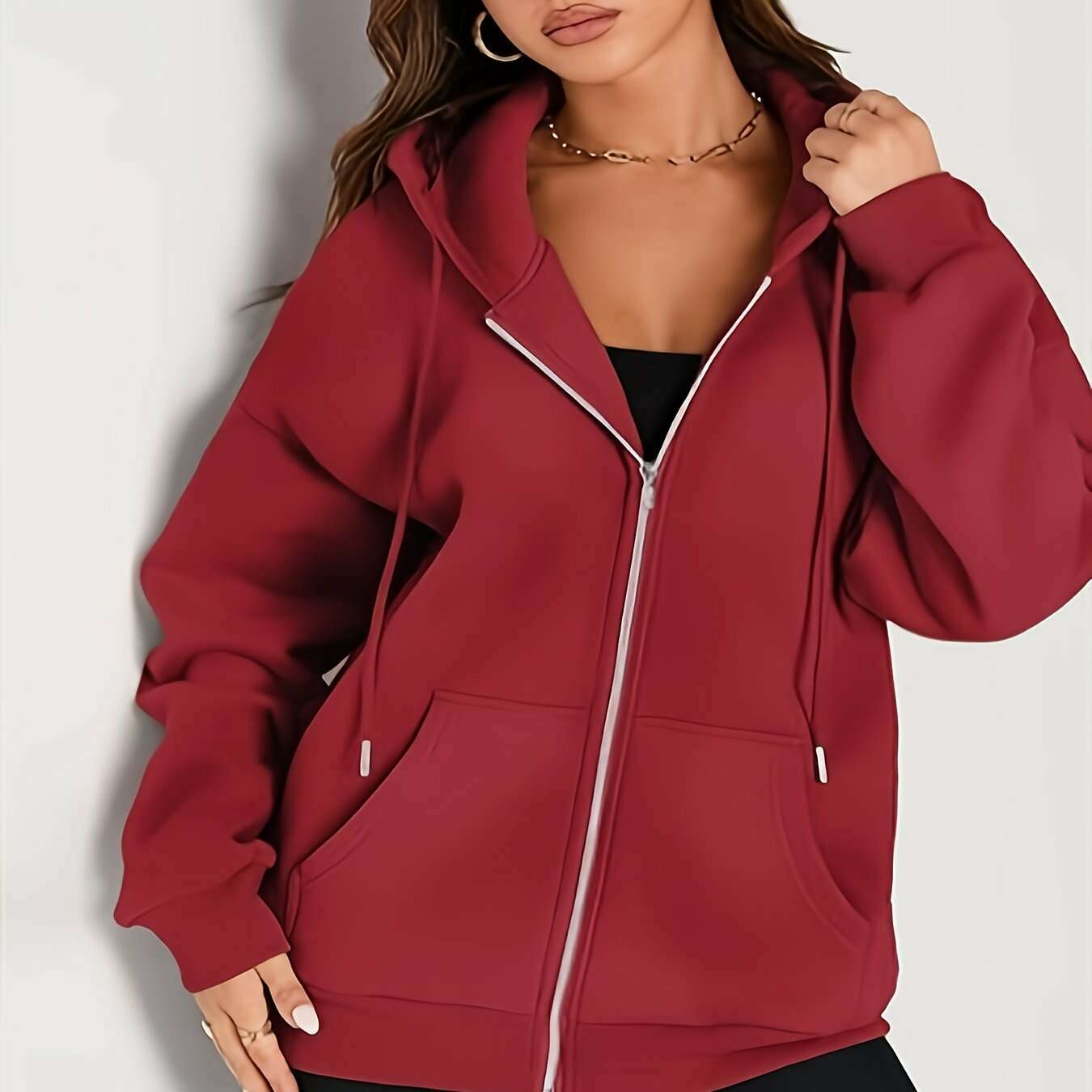 Women's Casual Zip-Up Hoodie with Pockets, Cotton Blend - D&M Boutique 