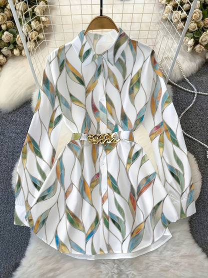 Loose Long-sleeved Casual Retro Style Women'S Top For Going Out; Fashionable Shirt With A Belt