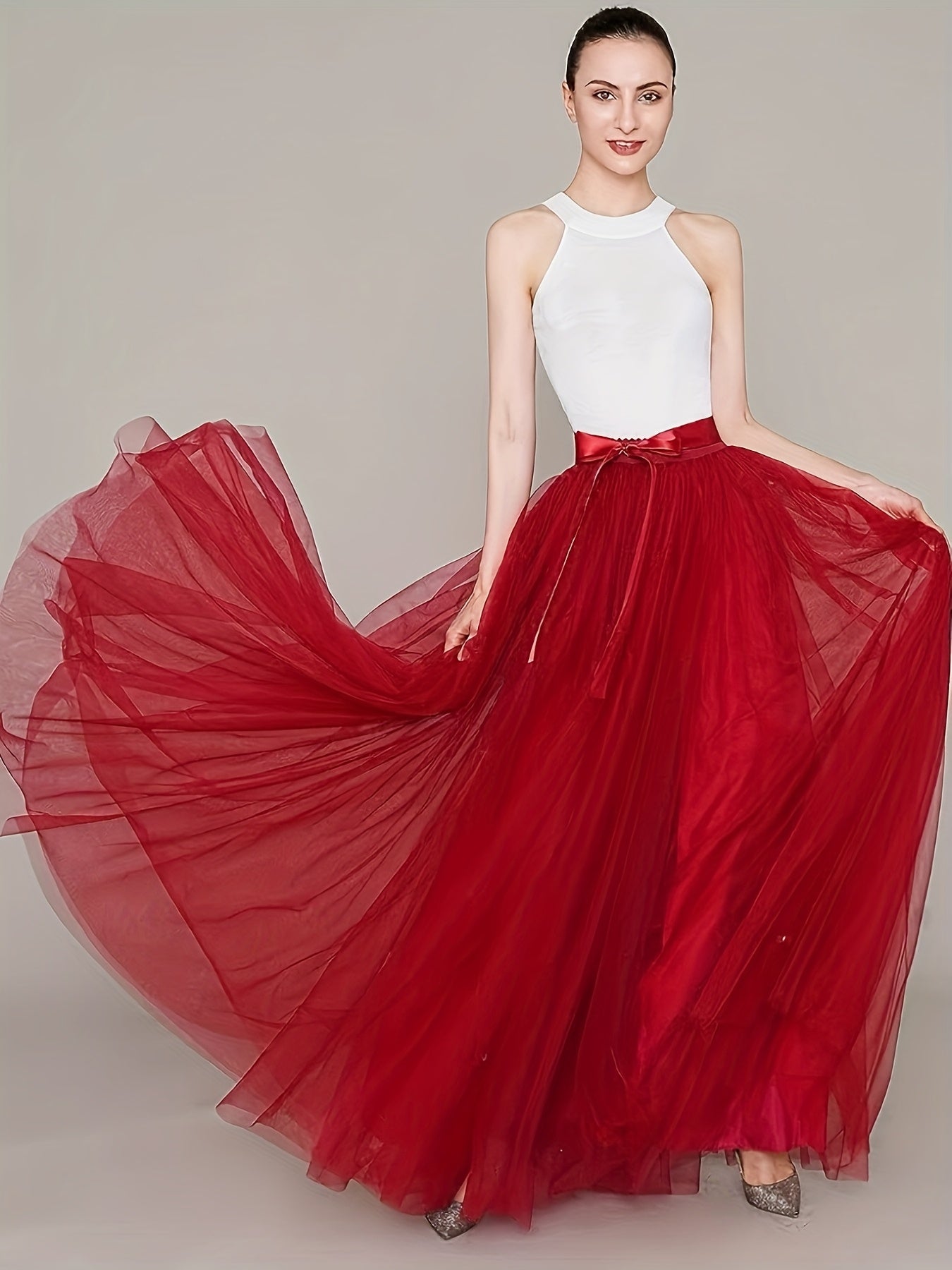 [Elegant Maxi Skirt] Red Elegant High-Waist Tulle Maxi Skirt | Asymmetrical Hem, Solid Color Polyester Lined, All-Season Mesh A-Line Skirt with Elastic Waistband, Formal Event Attire, Flowing Design, Polyester Lining