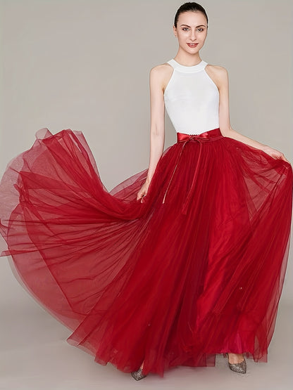 [Elegant Maxi Skirt] Red Elegant High-Waist Tulle Maxi Skirt | Asymmetrical Hem, Solid Color Polyester Lined, All-Season Mesh A-Line Skirt with Elastic Waistband, Formal Event Attire, Flowing Design, Polyester Lining