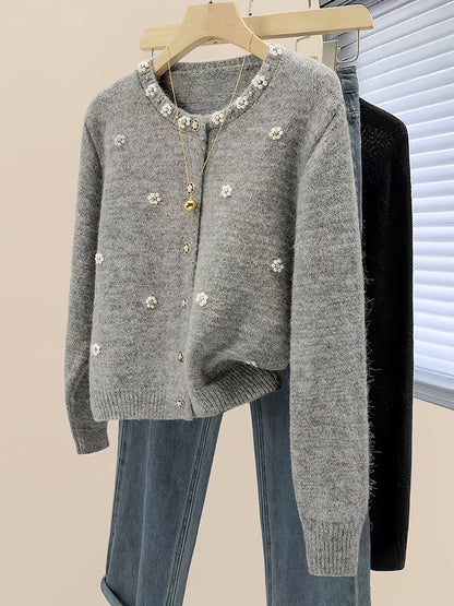 Women's 2025 New Beaded Cardigan Sweater - Soft Round Neck Long Sleeve Button Front Closure with Beaded Collar & Sleeve Trim, Machine Washable Winter Sweater for Fall and Winter, Casual to Semi-Formal Outfits