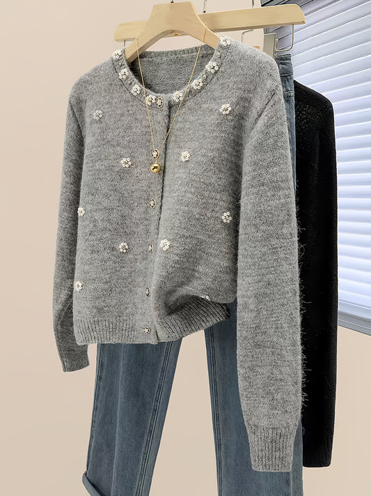 Women's 2025 New Beaded Cardigan Sweater - Soft Round Neck Long Sleeve Button Front Closure with Beaded Collar & Sleeve Trim, Machine Washable Winter Sweater for Fall and Winter, Casual to Semi-Formal Outfits