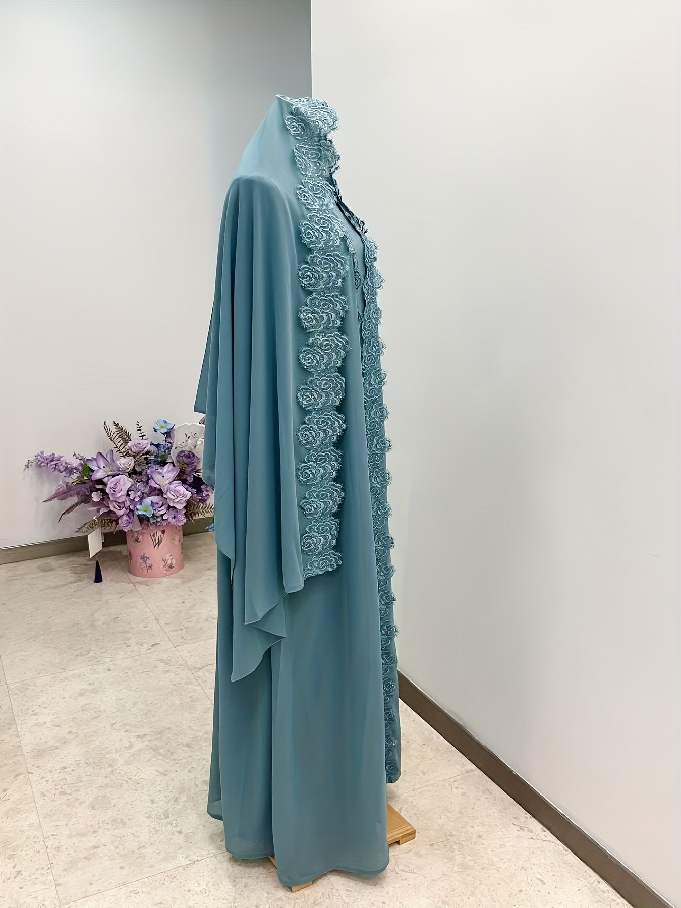 Women's 3pcs Islamic Abaya Muslim Modest Outfit Set - Long Sleeve Elegant Maxi Dress with Lace Hem & Head Veil, Loose-Fit H-Line Silhouette, Machine Washable All-Season Traditional Muslim Clothing for Prayer, Casual Attire &
