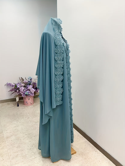Women's 3pcs Islamic Abaya Muslim Modest Outfit Set - Long Sleeve Elegant Maxi Dress with Lace Hem & Head Veil, Loose-Fit H-Line Silhouette, Machine Washable All-Season Traditional Muslim Clothing for Prayer, Casual Attire &