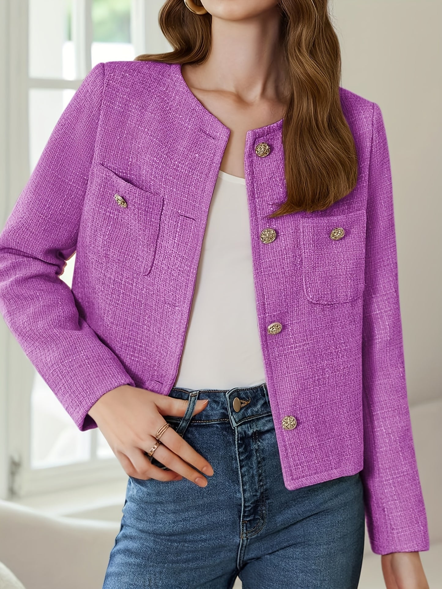 [Office Ready] Women's Elegant Purple Tweed Jacket - Long Sleeve Button Cropped Blazer with Pockets, Soft Polyester Fabric, Perfect for Fall/Winter Business Casual Style, Business Casual Wear | Buttonup Jacket | Textured Twee