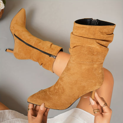 Women's Plus Size Chic Pointed Toe Boots - Slip-resistant Rubber Sole, Elegant Side Zipper Closure, Soft Fabric Lined Interior - Brown Formal & Everyday Boots for Women, Professional Footwear