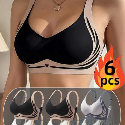 6-Pack Women'S Seamless Wireless Bras - Lightweight, Breathable, Moisture-Wicking Push-Up Bralettes with Adjustable Cross-Back Straps, Non-Removable Padded Cups for Everyday Comfort, Elegant Solid Color Design, Comfortable Un