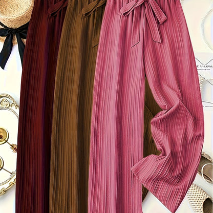 3pcs Women'S Elegant Solid Color Striped Long Pants with Bow Detail - Comfortable Loose Fit, Elastic Waistband, Perfect for Spring & Summer Casual Wear