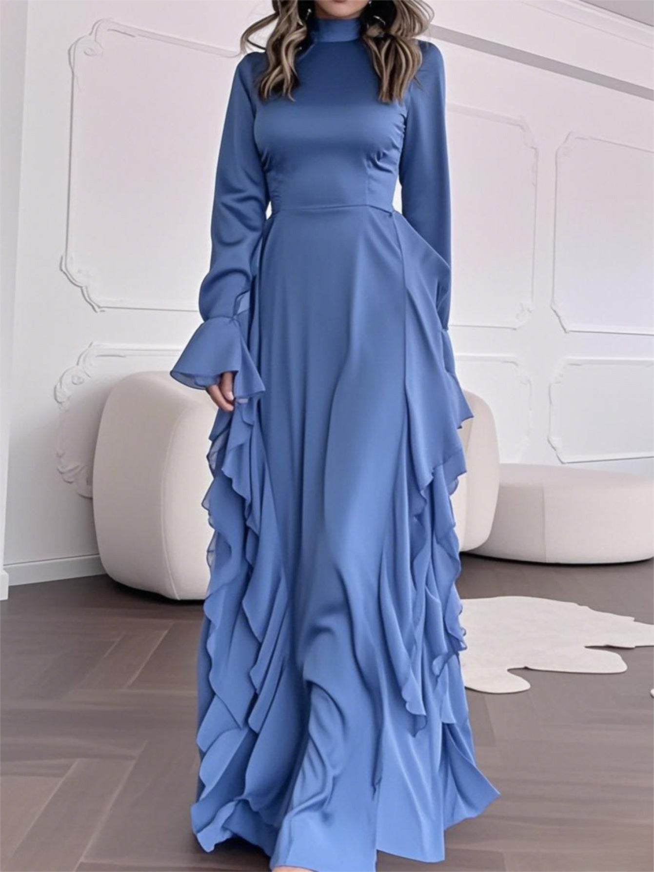 Elegant White Mock Neck Maxi Dress with Bell Sleeves & Ruffle Hem - Fitted Top & Flowy Skirt, Machine Washable Polyester, Non-Stretch, Versatile for Fall Events & All-Season Wear, Formal Event Attire, Nonstretch Material