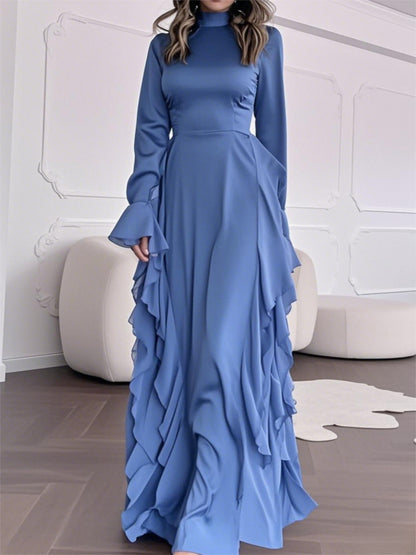 Elegant White Mock Neck Maxi Dress with Bell Sleeves & Ruffle Hem - Fitted Top & Flowy Skirt, Machine Washable Polyester, Non-Stretch, Versatile for Fall Events & All-Season Wear, Formal Event Attire, Nonstretch Material