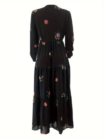 Ramadan Floral Pattern Abaya Dress, Elegant Button Front Long Sleeve Maxi Dress, Women's Clothing