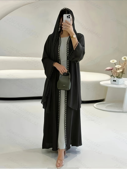 [Elegant Abaya] Breathable Polyester Elegant Abaya with Lace Trim and Slit, Long Sleeve, Perfect for Spring/Summer/Fall - Includes Matching Headscarf, Ideal for Casual or Formal Occasions