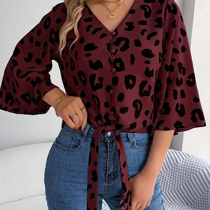 [Leopard Print Tied Bow Top] Elegant Leopard Print Spring & Summer Casual Women's Tied Bow Top
