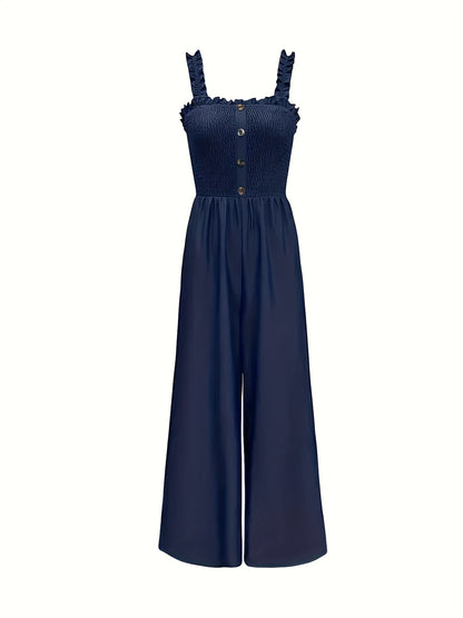 Women's One-piece Overalls Romper Smocked Front Wide Pants Jumpsuit