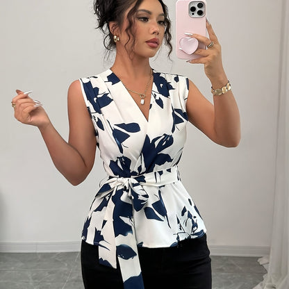 [Elegant Floral Blouse] Lightweight Polyester Elegant Women's Floral Print V-Neck Sleeveless Blouse with Belt | Perfect for Spring/Summer, Casual to Formal Wear, Casual Attire|Vneck Blouse|Polyester Fabric